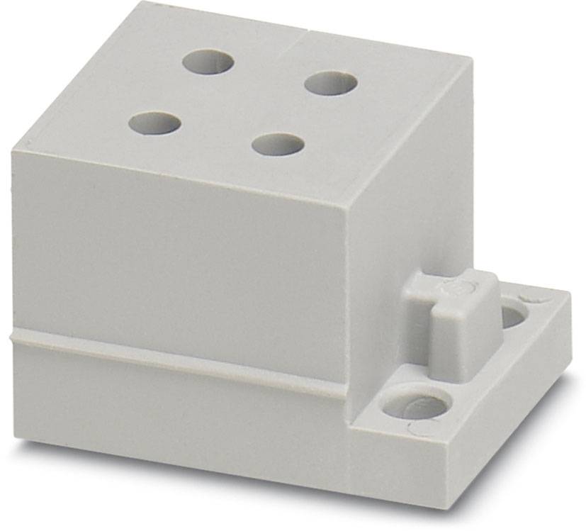 Grå plastikindkapsling med fire huller og to monteringshuller, egnet til elektroniske eller mekaniske anvendelser.