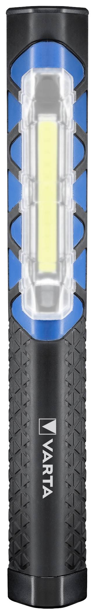 En sort og blå LED-lommelygte, placeret vertikalt, viser Varta-logoet på håndtaget.