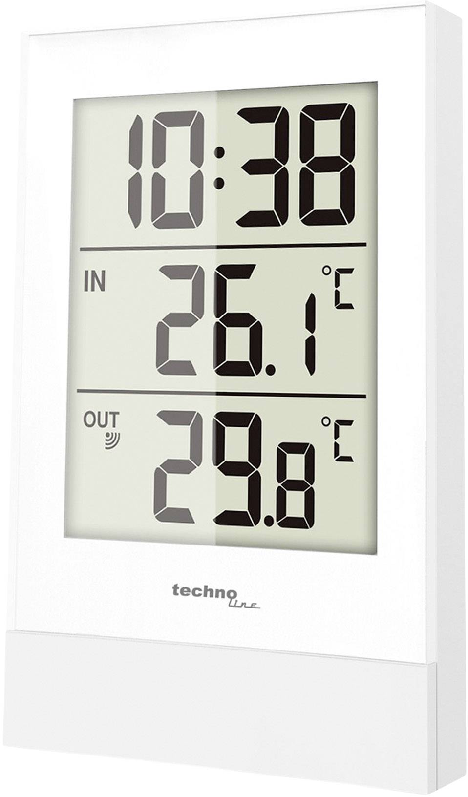 Digital vægur viser tid '10:38', indendørs temperatur '26,1°C' og udendørs temperatur '29,8°C'.