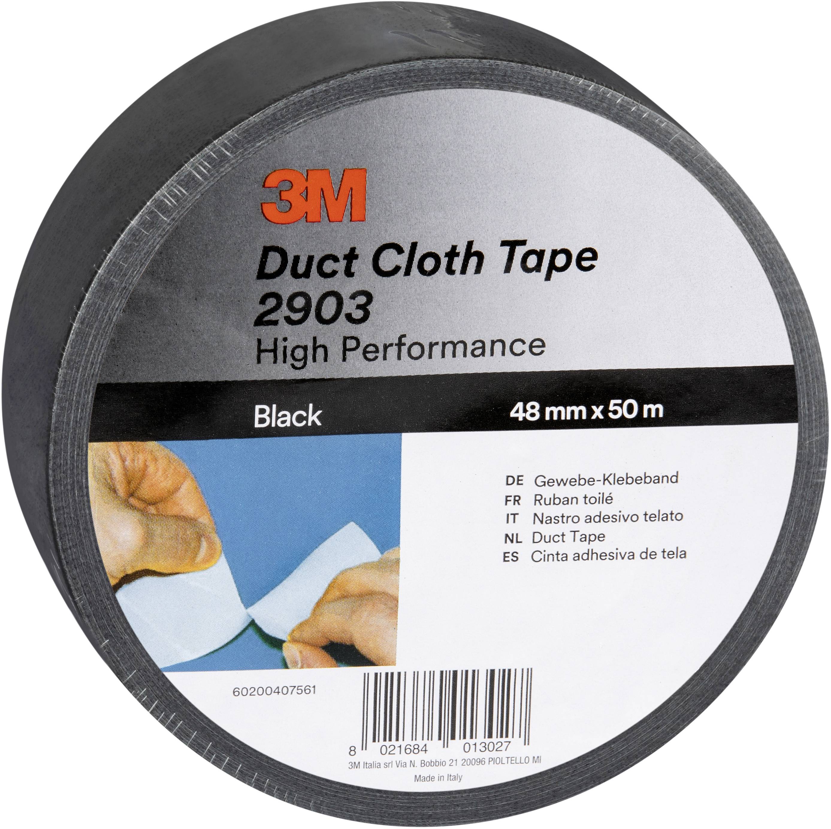 Rulle 3M Duct Cloth Tape 2903, høj ydelse, sort, 48 mm x 50 m, med produktetiket og stregkode.
