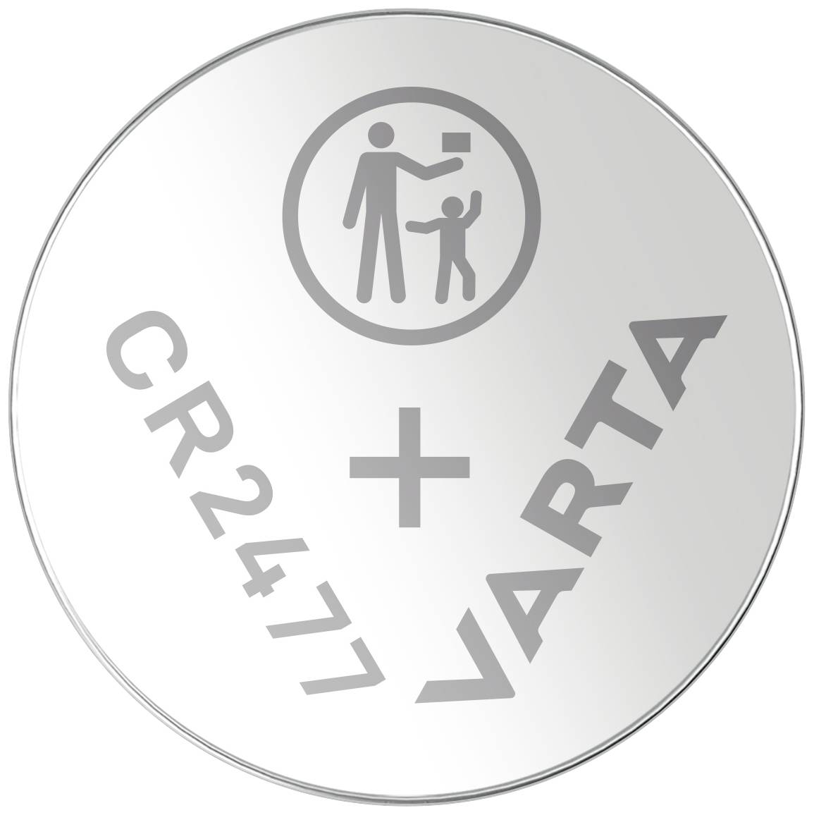 'CR2477 VARTA' knapcellebatteri med symbol af en voksen, der overrækker en pakke til et barn.