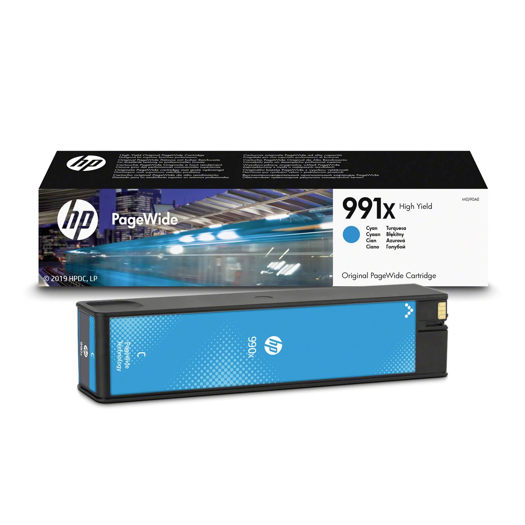 HP PageWide 991X High Yield Original PageWide-blækpatron emballage og cyan blækpatron vist på hvid baggrund.