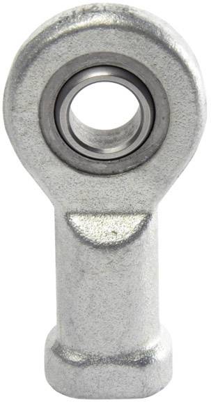 Metallisk kugleleje med cylindrisk krop og cirkulær åbning i midten, som bruges til fastgørelse.