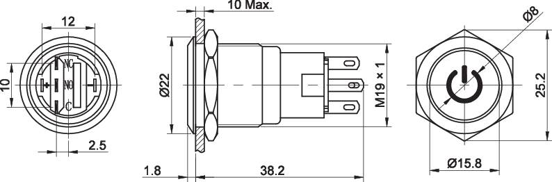 Teknisk tegning af en elektrisk kontakt med tre visninger: Sideview, frontview og detaljeret view, med måleangivelser.