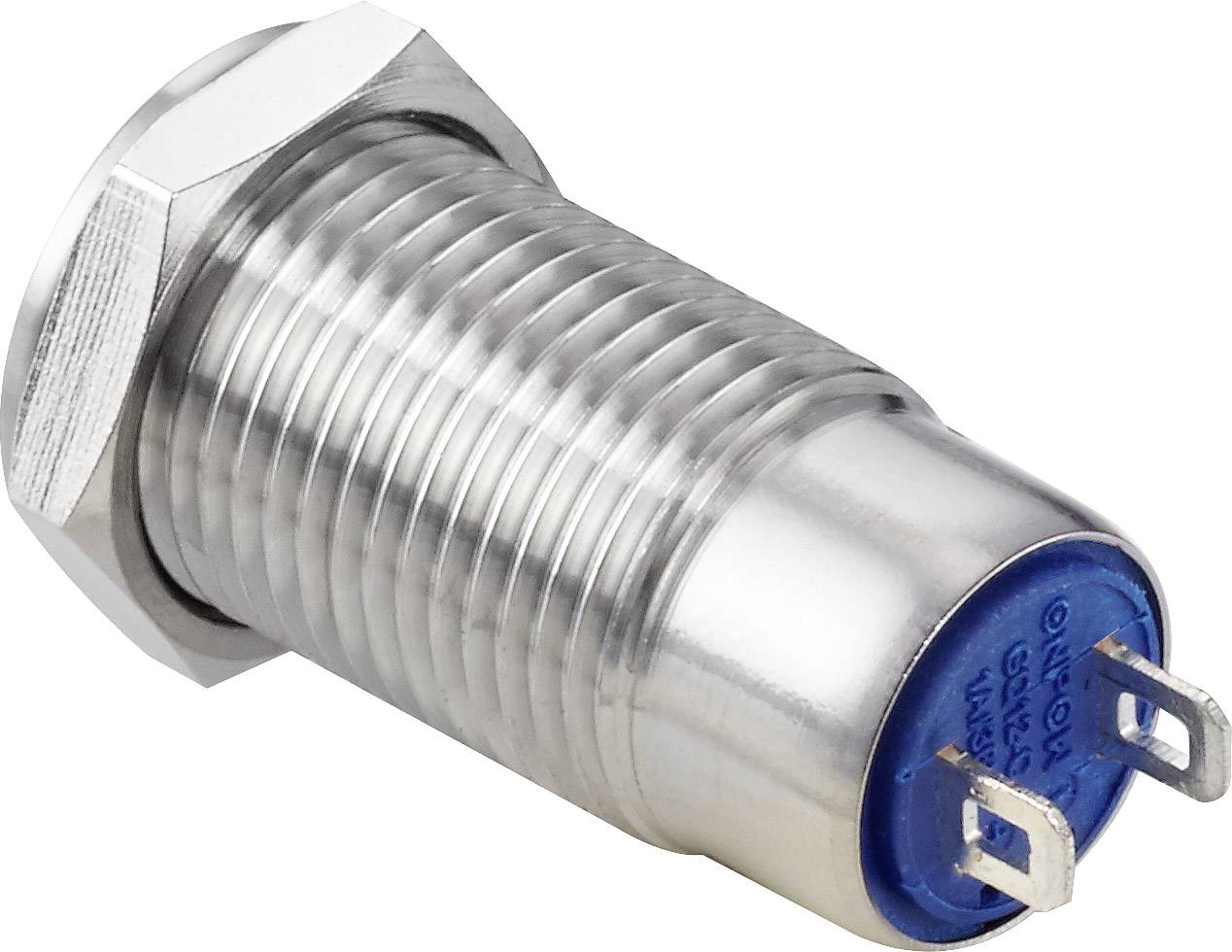 Metaltrykknap med blå bagside og tre tilslutningsstik, egnet til elektroniske enheder.
