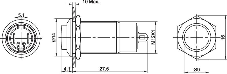 Teknisk tegning af en cylindrisk komponent med mål. Viser forsiden, sideflade og topview med detaljerede dimensioner.
