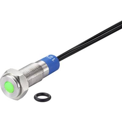 En metalsensor med cylinderform, grønt lys og sort kabel ligger ved siden af en lille sort O-ring.