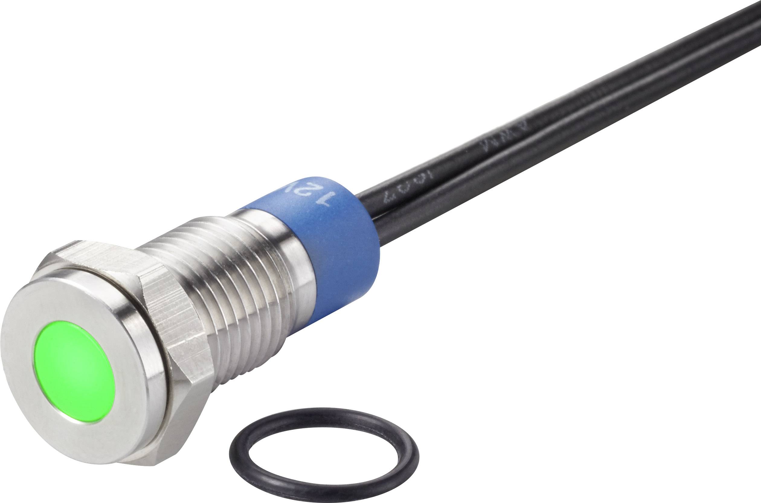 Metaltrykknap med grøn LED-indikator, forbundet via et sort kabel, ved siden af en sort O-ring.