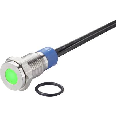 Metaltrykknap med grøn LED-indikator, forbundet via et sort kabel, ved siden af en sort O-ring.