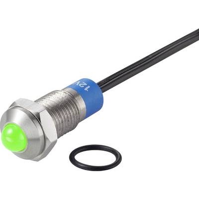 En rund, grøn LED-kontakt med metalkappe og sort kabel. Ved siden af ligger en sort O-ring.