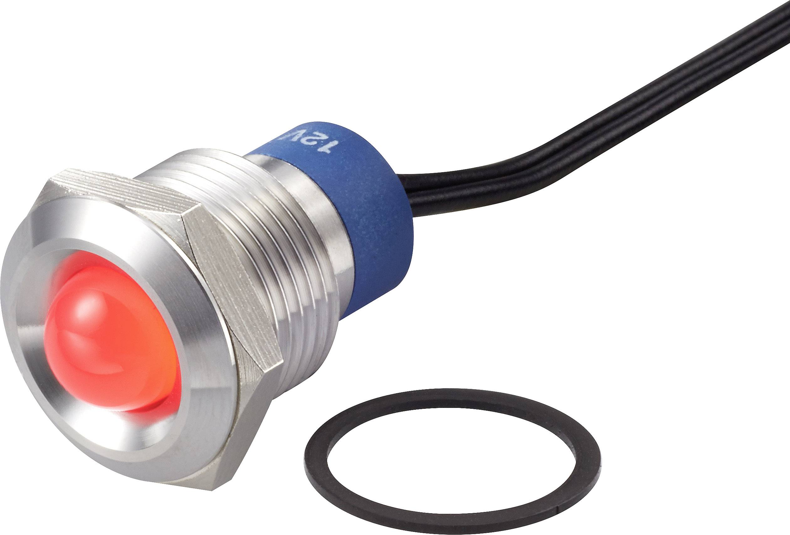 Metallisk positionsafbryder med lysende rød LED-hætte og sort kabel, ved siden af ligger en sort tætningsring.