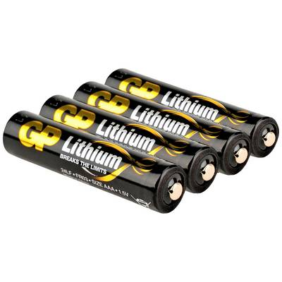 Fire AA lithium-batterier fra mærket GP liggende ved siden af hinanden, med påskriften 'Lithium Breaks the Limits'.