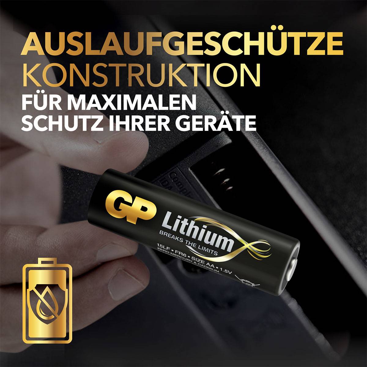 GP Lithium-batteri ligger tæt på en enhed. Tekst: 'Lækagesikker konstruktion for maksimal beskyttelse af dine enheder.'