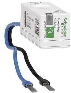 Et rektangulært elektronikmodul med to kabler, blå og sort. Påtrykt: 'Schneider Electric' og symbol for NFC-konnektivitet.