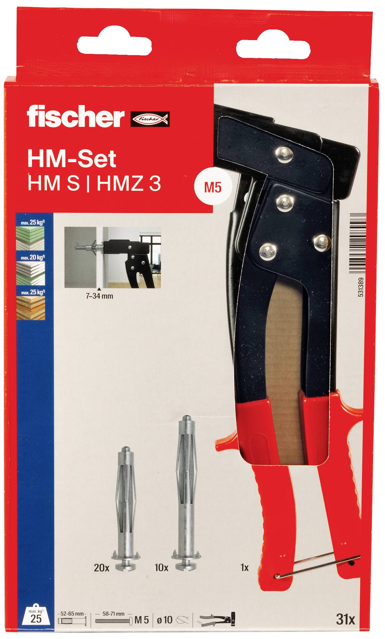 En emballage med et 'HM-sæt' fra Fischer, bestående af skrueværktøj og 31 rawplugs i forskellige størrelser.