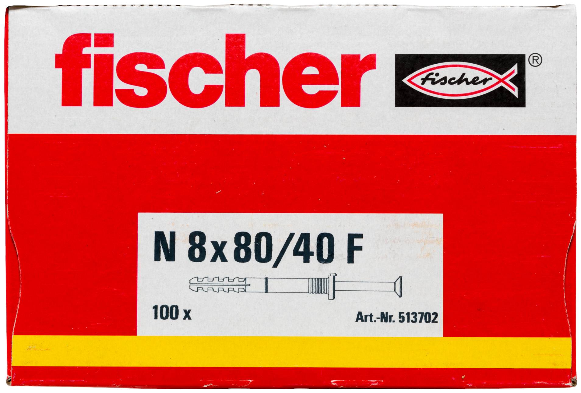 Æske med Fischer N 8x80/40 F vægankre, mærket '100x' og 'Art.-Nr. 513702', på en rød og hvid pakke.