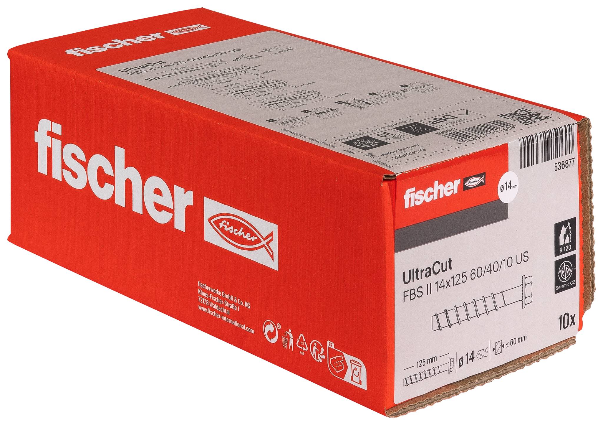 En rød Fischer UltraCut-æske med 10 skruer/ankre, mærket 'fischer' og 'UltraCut', vist på en hvid baggrund.