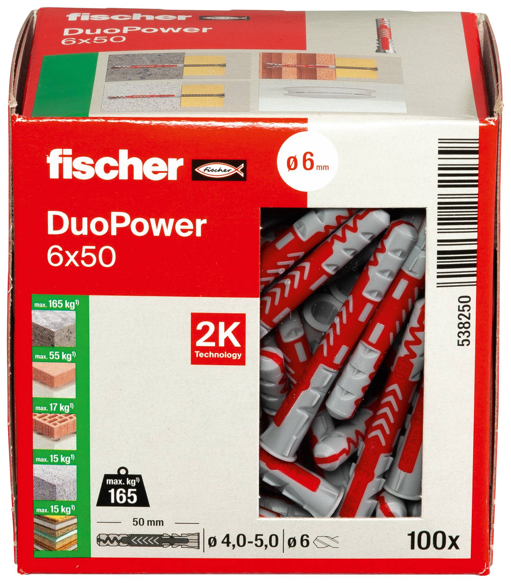 Æske med fischer DuoPower 6x50 vægankerbolte med vindue, der viser røde og grå ankre; emballagen angiver 6 mm borestørrelse, 165 kg maksimal belastning, 100 stykker.