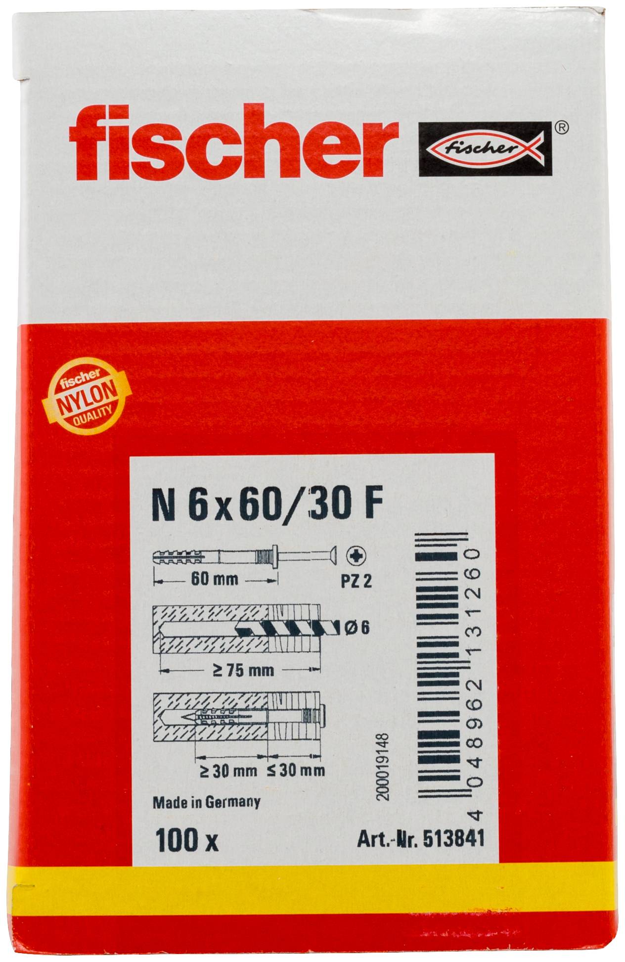 Fischer nylon vægstik emballage mærket 'N 6x60/30 F', viser produktstørrelse, diagrammer og 100-pakkeantal.