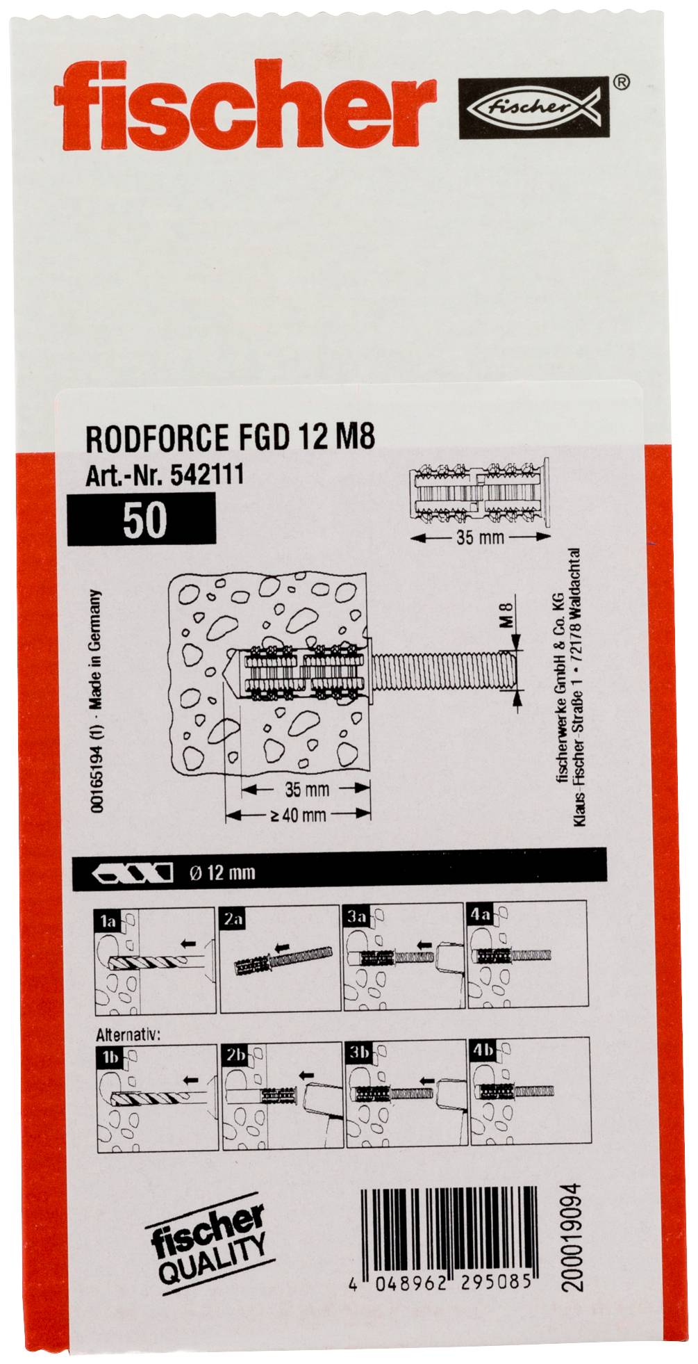 Fischer RODFORCE FGD 12 M8 anker pakning, viser en 12 mm fastgørelse med installationsdiagram og dimensioner til murværksbrug.