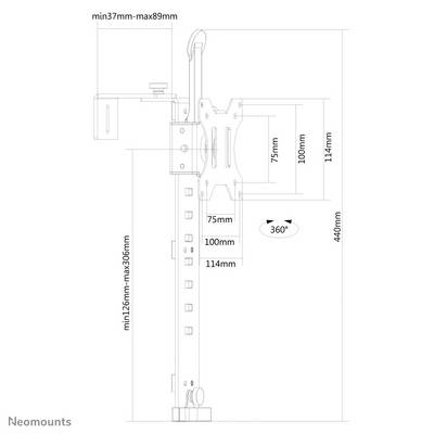 Skitse af en skærmbeslag med følgende mål: Højdejusterbar fra 126 til 306 mm, dybde 37 til 89 mm, 360° drejelig, monteringsplade 75x75 til 114x114 mm.