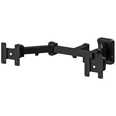Svingbar monitorarm i sort metal med to arme til vægmontering. Egnet til to skærme med fleksibel positionering.