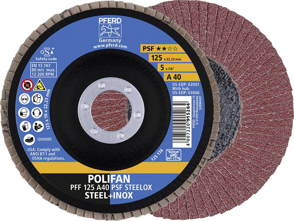 Slibeskive 'POLIFAN' fra Pferd med 125 mm diameter til stål og rustfrit stål. Egnet til 80 m/s. Overholder ANSI B7.1 og OSHA-forskrifter.