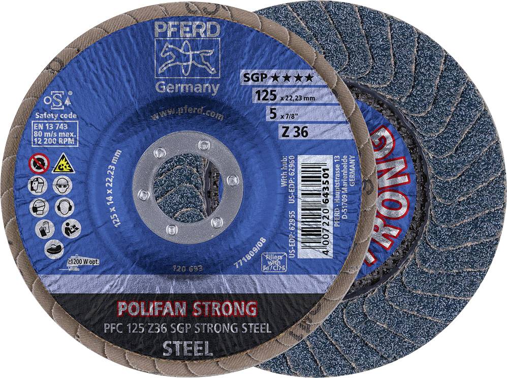 To PFERD Germany skæreskiver med blå og rød mærkning til stålbehandling, model 'Polifan Strong'.