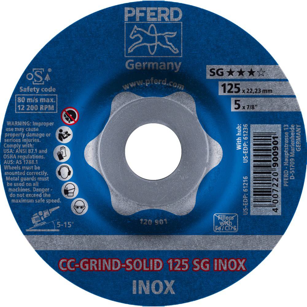 Trenneskive PFERD CC-GRIND-SOLID 125 SG INOX; diameter 125 mm, til rustfrit stål, maks. omdrejningstal 12.200 o/min, sikkerhedsanvisninger vist.