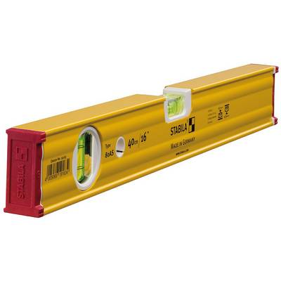 Vaterpas af gult metal med rødt endestykke, to libeller til nivellering, mærke 'Stabila', 40 cm langt.