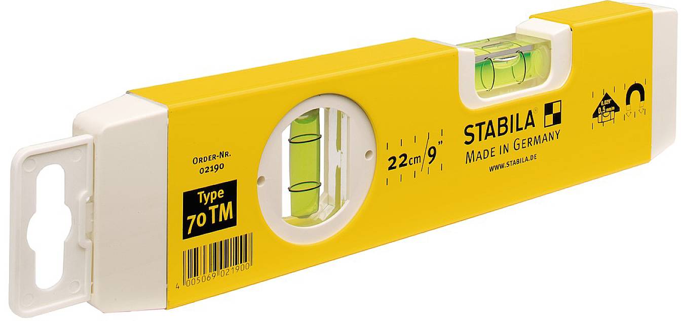 Gul vaterpas fra mærket Stabila, 22 cm, med to libeller. Mærke og type påskrevet: 'Type 70 TM'. Fremstillet i Tyskland.