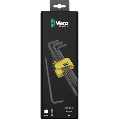 Wera Hex-Plus unbrakonøglesæt i sort emballage. Indeholder ni L-formede nøgler med gul holder, velegnet til sekskantskruer.