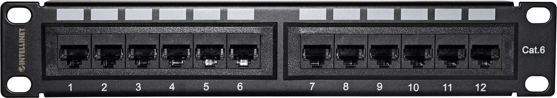 Patchpanel til Ethernet-kabler med 12 porte, Cat.6, sort, monterbar holder med nummererede porte til netværksforbindelser.