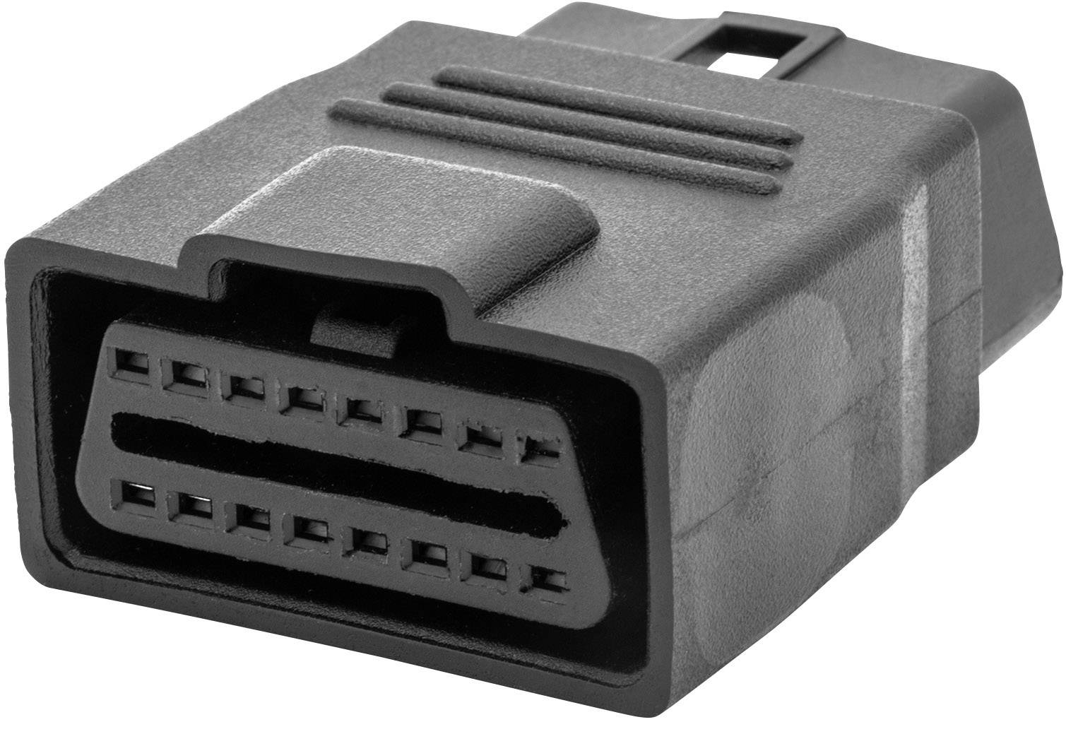 Stik til et omborddiagnosesystem (OBD-II). Sort, rektangulær plastikdel med 16 ben i to rækker.