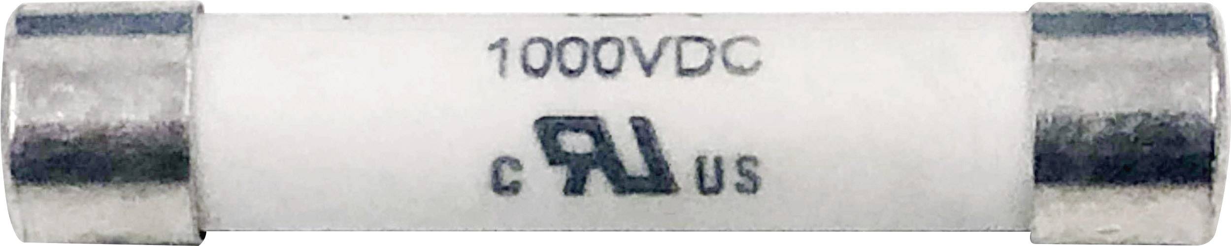 En hvid cylindrisk sikring med påskriften '1000VDC', omgivet af to metalliske endekapper.