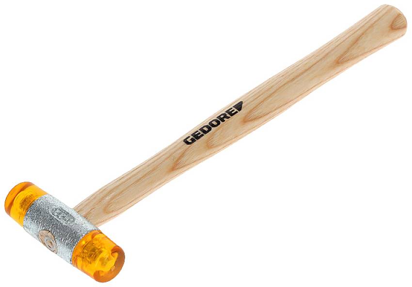 Hammer med træskaft og orange plastikhovede, mærket med påskriften 'Gedore'.