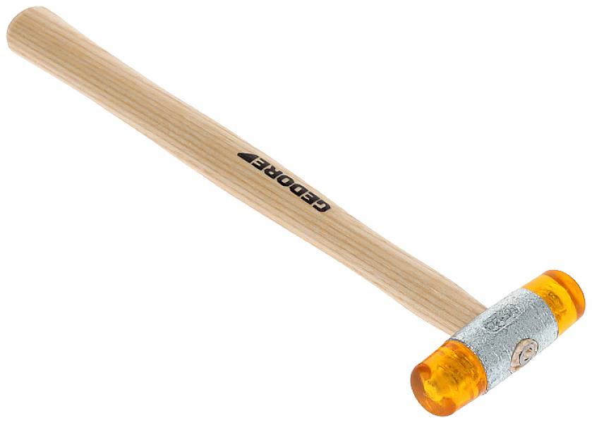 Hammer med trægreb og orange plastikhoveder med påskriften 'GEDORE' på håndtaget, bruges til at slå uden at danne gnister.