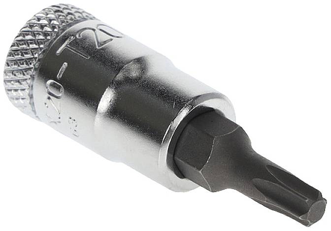 Et Torx-bit med holder, metallisk sølvfarvet korpus, sort sekskantlegeme. Egnet til skruer med Torx-gevind.