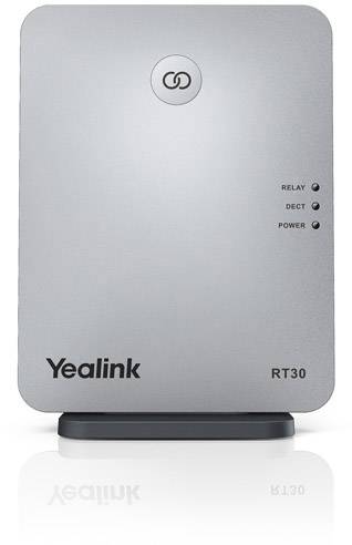 En Yealink RT30 DECT-repeater til udvidelse af den trådløse rækkevidde for trådløse telefoner, med LED-indikatorer for drift, DECT-forbindelse og viderestilling.