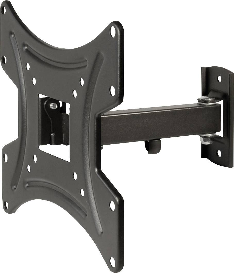 Vægbeslag til fladskærms-tv, drejeligt og vinklingsjusterbart, fremstillet af sort metal. Designet til flade skærme.