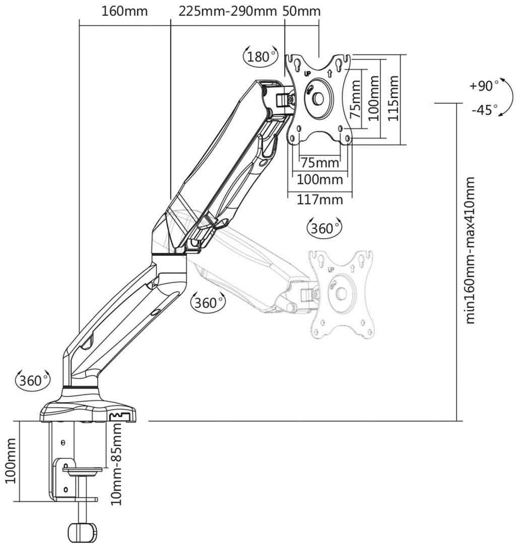 En justerbar monitorarm med følgende mål: 160mm-410mm højde, 225mm-290mm dybde. Viser rotations- og vippevinkler på ±90° og +90°/-45°.