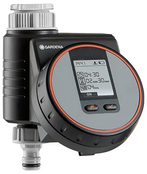 Elektronisk vandingsuhr med display viser tidspunkt, resterende vandingstid og driftstid. Forbindes til haveslange.