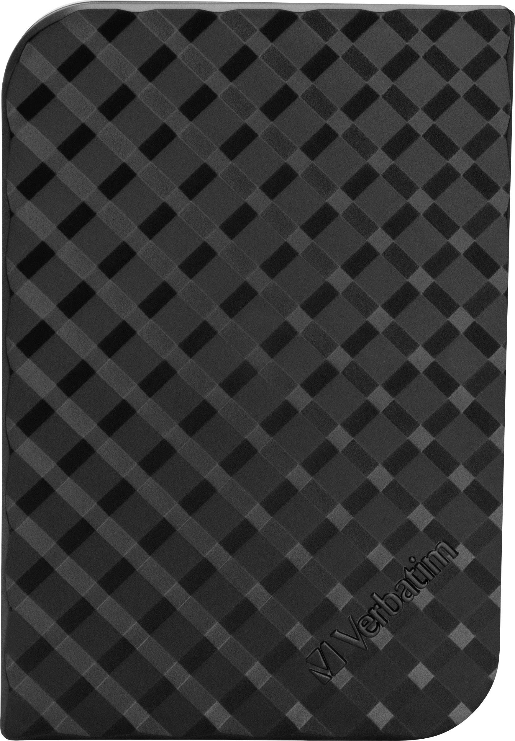 Ekstern harddisk med sort, ternet design og 'Verbatim' logo på forsiden. Velegnet til datalagring.