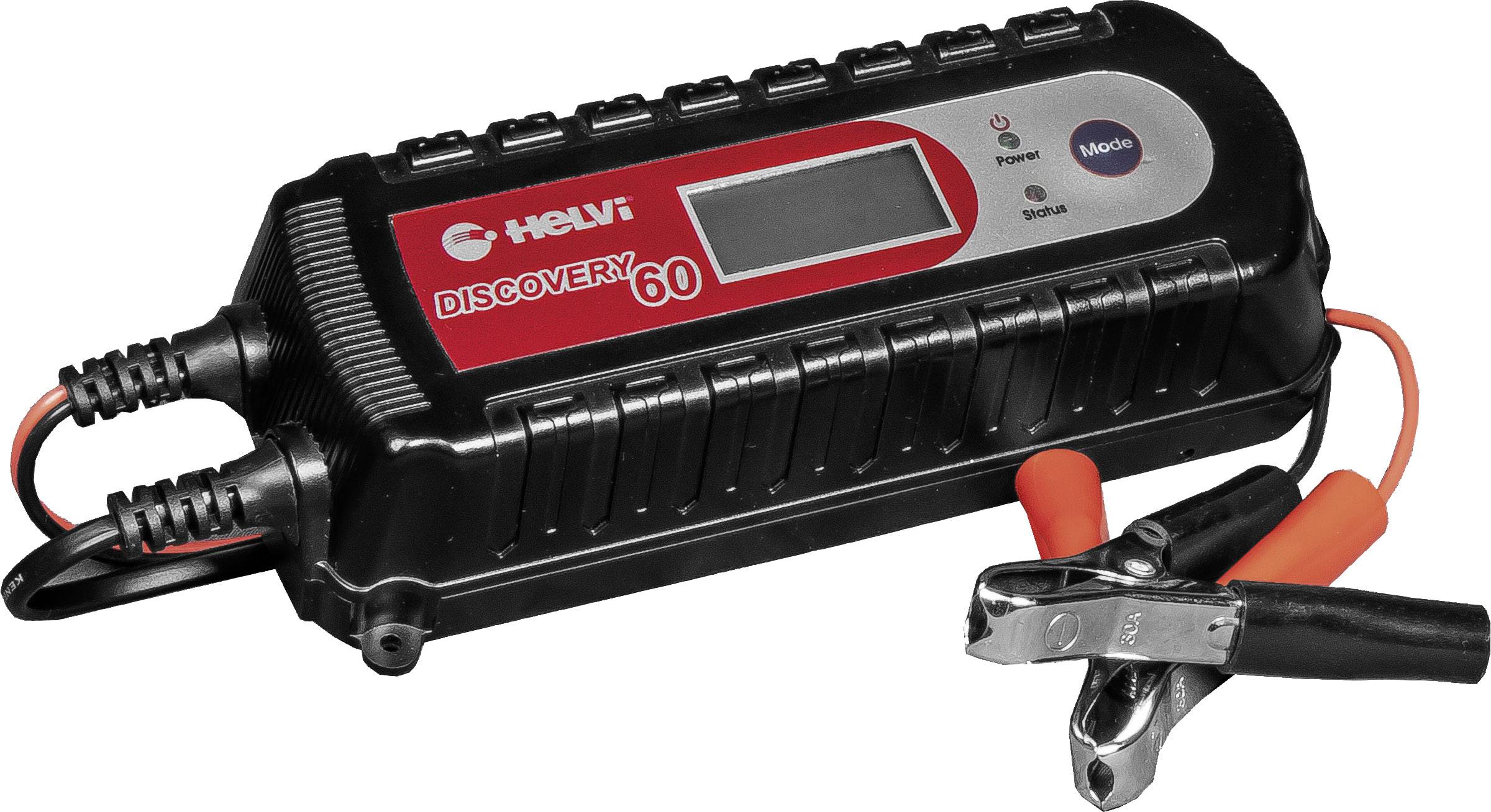 'Helvi Discovery 60' batterilader med display og klemmer, sort-rød, kompakt til bil- eller motorcykelbatterier.