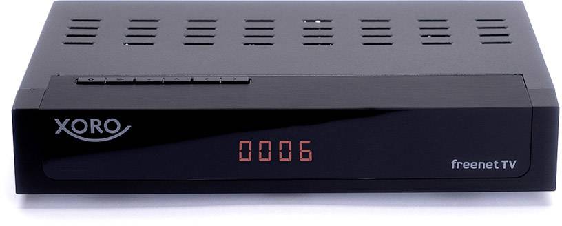 En sort DVB-T2-modtager fra Xoro med digital visning af kanalnummeret '0006'. Mærkning 'freenet TV' på højre side.