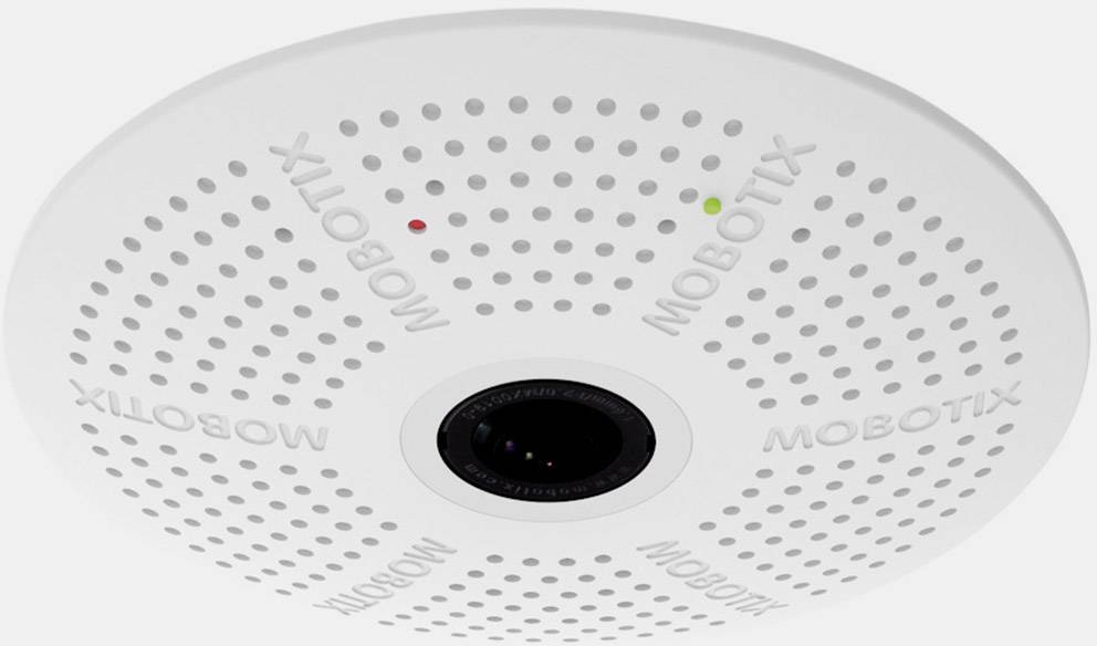 Rund overvågningskamera med påskriften 'MOBOTIX', omgivet af talrige små huller; røde og grønne LED-lys synlige.