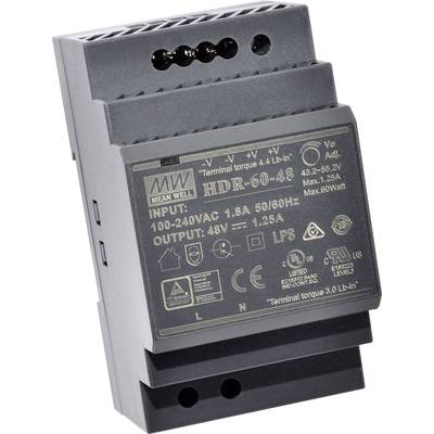 Et switch-mode strømforsyning til montering på DIN-skinne fra Mean Well, model HDR-60-48, med indgangsområde 100-240VAC og udgang på 48V.