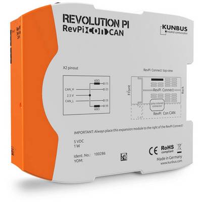 Et elektronisk apparat med påskriften 'Revolution Pi RevPi Con CAN' fra KUNBUS. Viser tekniske kredsløbsdiagrammer og detaljer.
