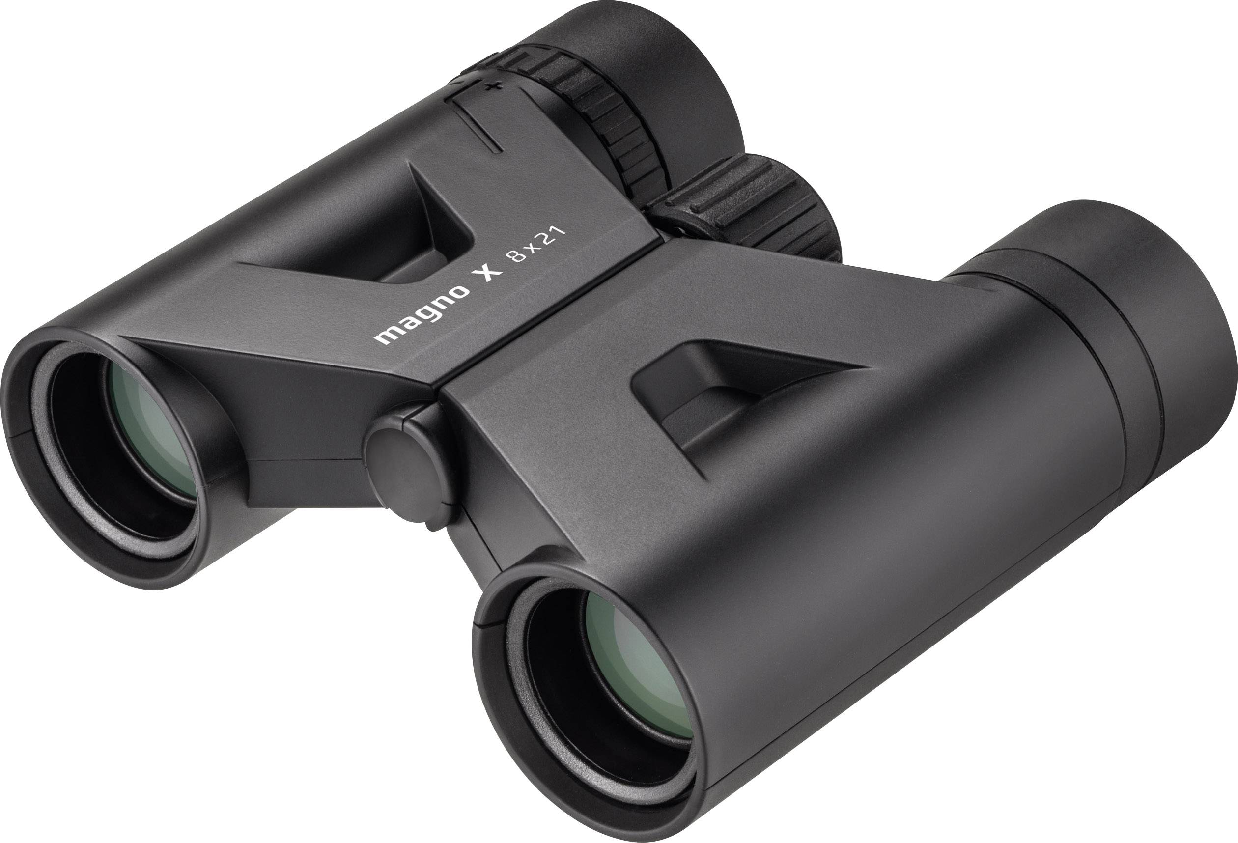 Sort kikkert fra mærket 'magno X', model 8x21, i kompakt design, velegnet til udendørsaktiviteter som fugleobservation.