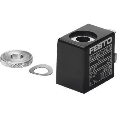 Et sort magnetventil fra Festo med modelnummeret MSFG-24/2-50/60-H, ved siden af en skrue og en underlagsskive.